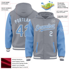 Load image into Gallery viewer, Custom Gray Light Blue-White Bomber Full-Snap Varsity Letterman Two Tone Hoodie Jacket