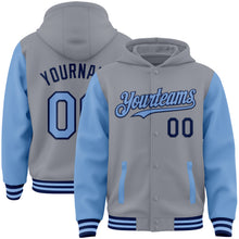 Load image into Gallery viewer, Custom Gray Light Blue-Navy Bomber Full-Snap Varsity Letterman Two Tone Hoodie Jacket