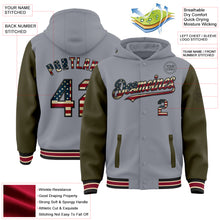 Load image into Gallery viewer, Custom Gray Vintage USA Flag Olive Black City Cream-Crimson Bomber Full-Snap Varsity Letterman Two Tone Hoodie Jacket