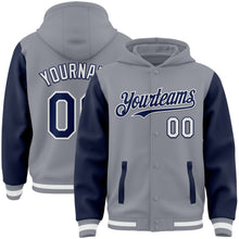 Load image into Gallery viewer, Custom Gray Navy-White Bomber Full-Snap Varsity Letterman Two Tone Hoodie Jacket