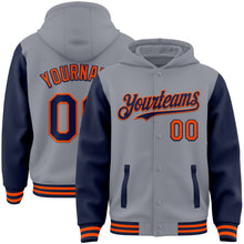 Load image into Gallery viewer, Custom Gray Navy-Orange Bomber Full-Snap Varsity Letterman Two Tone Hoodie Jacket