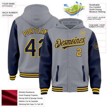 Load image into Gallery viewer, Custom Gray Navy-Gold Bomber Full-Snap Varsity Letterman Two Tone Hoodie Jacket