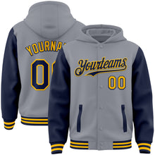 Load image into Gallery viewer, Custom Gray Navy-Gold Bomber Full-Snap Varsity Letterman Two Tone Hoodie Jacket