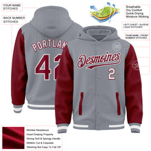 Load image into Gallery viewer, Custom Gray Crimson-White Bomber Full-Snap Varsity Letterman Two Tone Hoodie Jacket