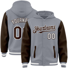 Load image into Gallery viewer, Custom Gray Brown-White Bomber Full-Snap Varsity Letterman Two Tone Hoodie Jacket