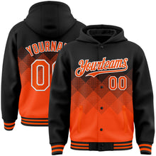Load image into Gallery viewer, Custom Black Orange-White Gradient Square Shape 3D Pattern Design Bomber Full-Snap Varsity Letterman Hoodie Jacket