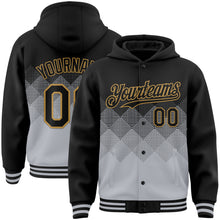 Load image into Gallery viewer, Custom Black Gray-Old Gold Gradient Square Shape 3D Pattern Design Bomber Full-Snap Varsity Letterman Hoodie Jacket
