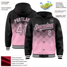 Load image into Gallery viewer, Custom Black Light Pink-White Gradient Square Shape 3D Pattern Design Bomber Full-Snap Varsity Letterman Hoodie Jacket