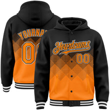 Load image into Gallery viewer, Custom Black Bay Orange-White Gradient Square Shape 3D Pattern Design Bomber Full-Snap Varsity Letterman Hoodie Jacket