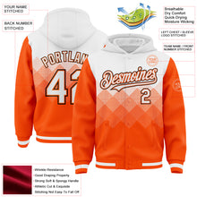 Load image into Gallery viewer, Custom White Orange-Black Gradient Square Shape 3D Pattern Design Bomber Full-Snap Varsity Letterman Hoodie Jacket