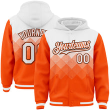 Load image into Gallery viewer, Custom White Orange-Black Gradient Square Shape 3D Pattern Design Bomber Full-Snap Varsity Letterman Hoodie Jacket