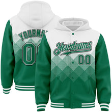 Load image into Gallery viewer, Custom White Kelly Green-Black Gradient Square Shape 3D Pattern Design Bomber Full-Snap Varsity Letterman Hoodie Jacket