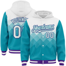 Load image into Gallery viewer, Custom White Teal-Purple Gradient Square Shape 3D Pattern Design Bomber Full-Snap Varsity Letterman Hoodie Jacket