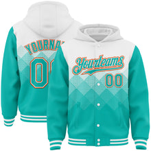 Load image into Gallery viewer, Custom White Aqua-Orange Gradient Square Shape 3D Pattern Design Bomber Full-Snap Varsity Letterman Hoodie Jacket