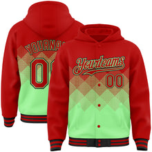 Load image into Gallery viewer, Custom Red Pea Green-Black Gradient Square Shape 3D Pattern Design Bomber Full-Snap Varsity Letterman Hoodie Jacket