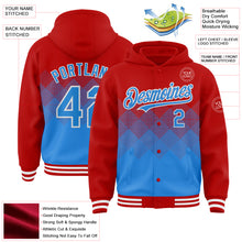 Load image into Gallery viewer, Custom Red Powder Blue-White Gradient Square Shape 3D Pattern Design Bomber Full-Snap Varsity Letterman Hoodie Jacket