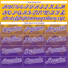 Load image into Gallery viewer, Custom Gold Purple-White Gradient Square Shape 3D Pattern Design Bomber Full-Snap Varsity Letterman Hoodie Jacket