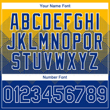 Load image into Gallery viewer, Custom Gold Royal-White Gradient Square Shape 3D Pattern Design Bomber Full-Snap Varsity Letterman Hoodie Jacket