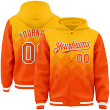 Load image into Gallery viewer, Custom Gold Orange-White Gradient Square Shape 3D Pattern Design Bomber Full-Snap Varsity Letterman Hoodie Jacket