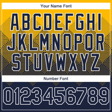 Load image into Gallery viewer, Custom Gold Navy-White Gradient Square Shape 3D Pattern Design Bomber Full-Snap Varsity Letterman Hoodie Jacket