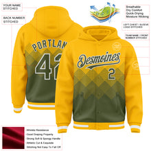 Load image into Gallery viewer, Custom Gold Olive-White Gradient Square Shape 3D Pattern Design Bomber Full-Snap Varsity Letterman Hoodie Jacket