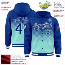 Load image into Gallery viewer, Custom Royal Ice Blue-White Gradient Square Shape 3D Pattern Design Bomber Full-Snap Varsity Letterman Hoodie Jacket