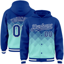 Load image into Gallery viewer, Custom Royal Ice Blue-White Gradient Square Shape 3D Pattern Design Bomber Full-Snap Varsity Letterman Hoodie Jacket