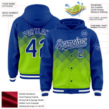 Load image into Gallery viewer, Custom Royal Neon Green-White Gradient Square Shape 3D Pattern Design Bomber Full-Snap Varsity Letterman Hoodie Jacket