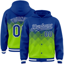 Load image into Gallery viewer, Custom Royal Neon Green-White Gradient Square Shape 3D Pattern Design Bomber Full-Snap Varsity Letterman Hoodie Jacket