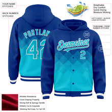 Load image into Gallery viewer, Custom Royal Lakes Blue-White Gradient Square Shape 3D Pattern Design Bomber Full-Snap Varsity Letterman Hoodie Jacket