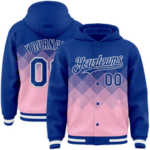 Load image into Gallery viewer, Custom Royal Light Pink-White Gradient Square Shape 3D Pattern Design Bomber Full-Snap Varsity Letterman Hoodie Jacket