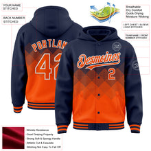 Load image into Gallery viewer, Custom Navy Orange-White Gradient Square Shape 3D Pattern Design Bomber Full-Snap Varsity Letterman Hoodie Jacket