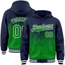 Load image into Gallery viewer, Custom Navy Grass Green-White Gradient Square Shape 3D Pattern Design Bomber Full-Snap Varsity Letterman Hoodie Jacket