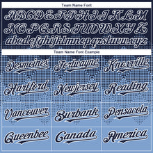 Load image into Gallery viewer, Custom Navy Light Blue-White Gradient Square Shape 3D Pattern Design Bomber Full-Snap Varsity Letterman Hoodie Jacket