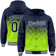 Load image into Gallery viewer, Custom Navy Neon Green-White Gradient Square Shape 3D Pattern Design Bomber Full-Snap Varsity Letterman Hoodie Jacket