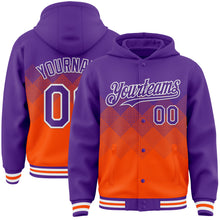 Load image into Gallery viewer, Custom Purple Orange-White Gradient Square Shape 3D Pattern Design Bomber Full-Snap Varsity Letterman Hoodie Jacket