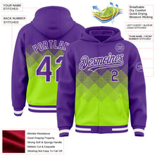 Load image into Gallery viewer, Custom Purple Neon Green-White Gradient Square Shape 3D Pattern Design Bomber Full-Snap Varsity Letterman Hoodie Jacket