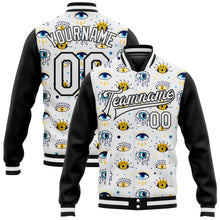 Load image into Gallery viewer, Custom White Black Evil Eyes 3D Pattern Design Bomber Full-Snap Varsity Letterman Jacket