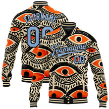 Load image into Gallery viewer, Custom Cream Light Blue-Black Evil Eyes 3D Pattern Design Bomber Full-Snap Varsity Letterman Jacket