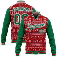 Load image into Gallery viewer, Custom Red Kelly Green-White Christmas 3D Bomber Full-Snap Varsity Letterman Jacket