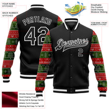 Load image into Gallery viewer, Custom Black Red Green Christmas 3D Bomber Full-Snap Varsity Letterman Jacket