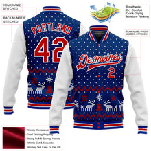 Load image into Gallery viewer, Custom Royal Red-White Christmas 3D Bomber Full-Snap Varsity Letterman Jacket