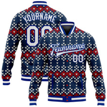 Load image into Gallery viewer, Custom Navy White-Royal Christmas 3D Bomber Full-Snap Varsity Letterman Jacket