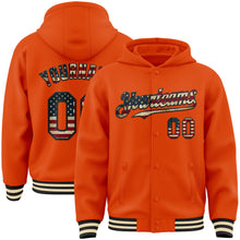Load image into Gallery viewer, Custom Orange Vintage USA Flag Black-Cream Bomber Full-Snap Varsity Letterman Hoodie Jacket