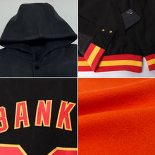 Load image into Gallery viewer, Custom Orange Black Bomber Full-Snap Varsity Letterman Hoodie Jacket