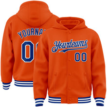 Load image into Gallery viewer, Custom Orange Royal-White Bomber Full-Snap Varsity Letterman Hoodie Jacket