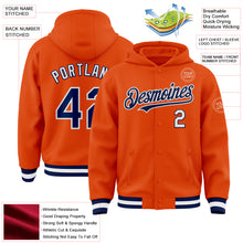 Load image into Gallery viewer, Custom Orange Navy-White Bomber Full-Snap Varsity Letterman Hoodie Jacket