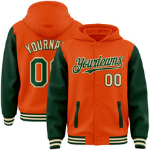 Load image into Gallery viewer, Custom Orange Green-Cream Bomber Full-Snap Varsity Letterman Two Tone Hoodie Jacket