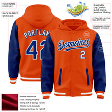 Load image into Gallery viewer, Custom Orange Royal-White Bomber Full-Snap Varsity Letterman Two Tone Hoodie Jacket