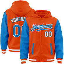Load image into Gallery viewer, Custom Orange Powder Blue-White Bomber Full-Snap Varsity Letterman Two Tone Hoodie Jacket